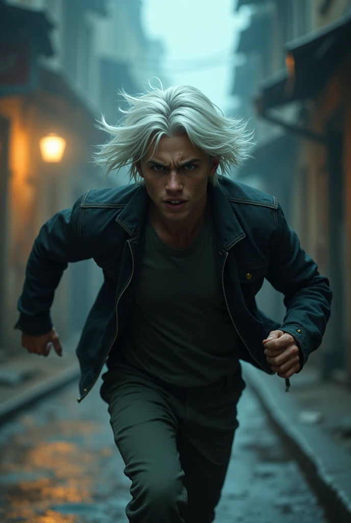 Young white haired man running away 