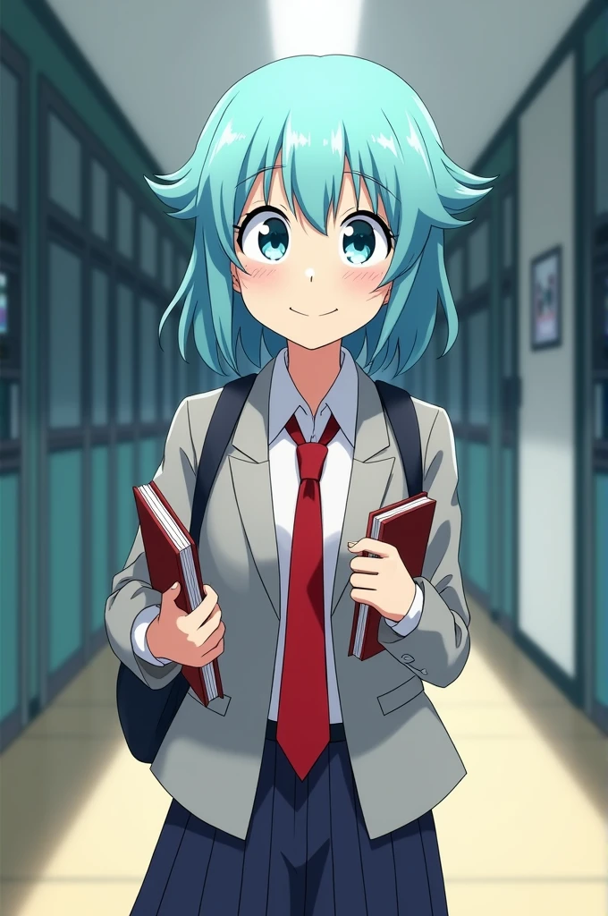 Screenshot Boku no hero academia, light and strong blue hair combined, with aqua colored eyes, always smiling with a grey jacket, red tie and white shirt, Walking down the U hallway.A, with books in hands.