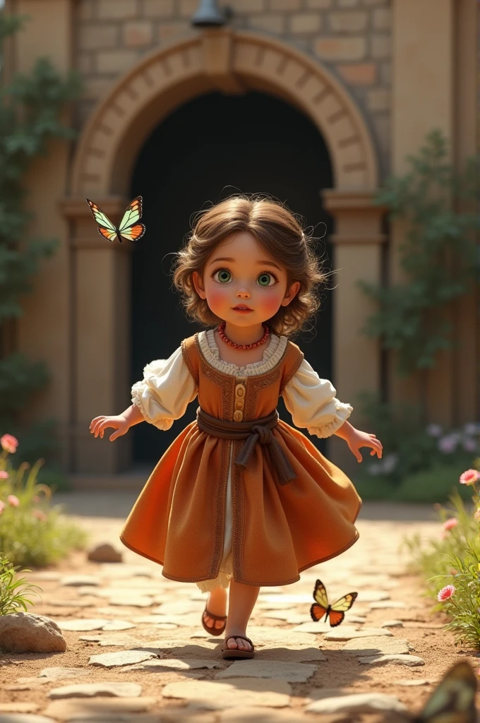 fille en tenue renaissance 16eme siecle. Qui chasse un papillon devant une ecurie de la meme epoque. La fillette a environ 18 mois. Elle est brune avec des yeux vert. Elle a un colier de corail autour du coup