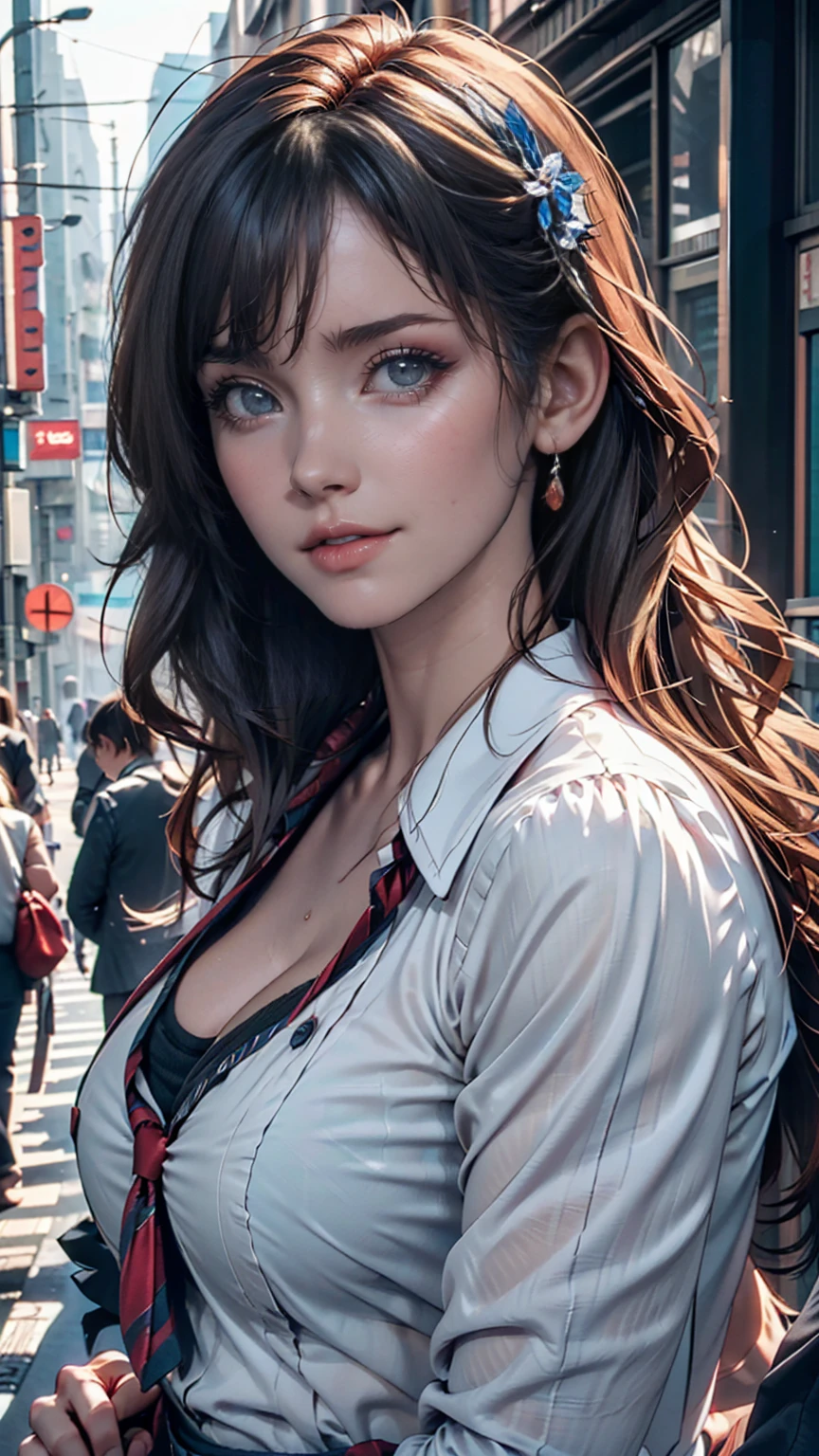 (((Realistic photograph))),, Portraiture, (Scary face:1.3),, beautiful girl, View your viewers, , (school uniform:1.2), Buttoned shirt and trousers, , (Cleavage:1),, On the streets of Japan, (Environment details:1.3),, (RAWphotograph, CG unity, photograph, ultra Realistic details, Sharp focus, Detailed skin,4K, High resolution, masterpiece, Highest quality, Realistic, Vibrant:1.2),, (8k,4K, 超High resolution, High resolution, Professional, movieのような, movie, dramatic),, (Anamorphic depth of field blur background), Detailed Background
