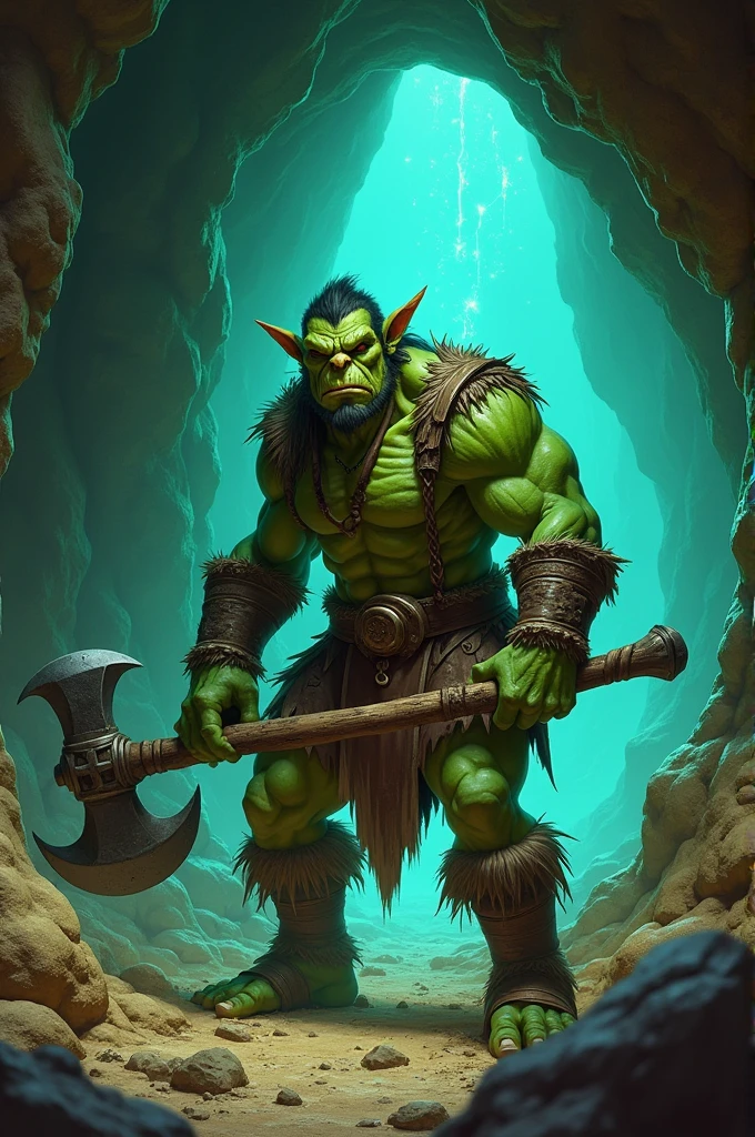 Young green-skinned orc miner with a pickaxe in hand inside a cave and ores glowing in the background