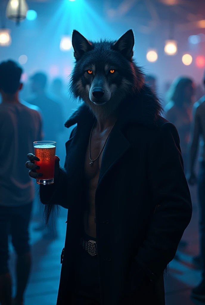 a university wolf, he is wearing a dark party outfit for halloween, he has a drink in his hand, in the background there is a dance floor, The air is gloomy, the reference color blue, the idea is to create suspense