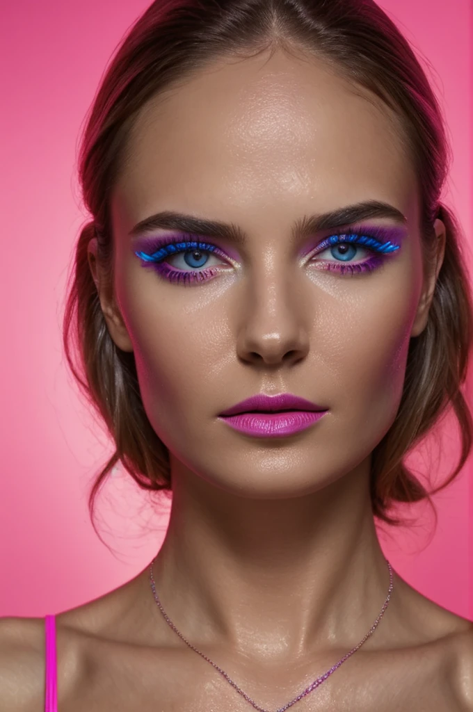 portrait of female face, neon lighting, extreme skin detail, vibrant, wet look skin, dynamic and editorial, necklace and jewellery