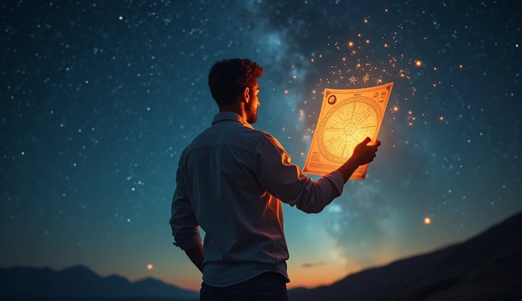 A person standing confidently with a glowing birth chart in hand, making decisions with a backdrop of stars and constellations. The scene conveys empowerment and alignment with one's astrological path. -ar 16:9