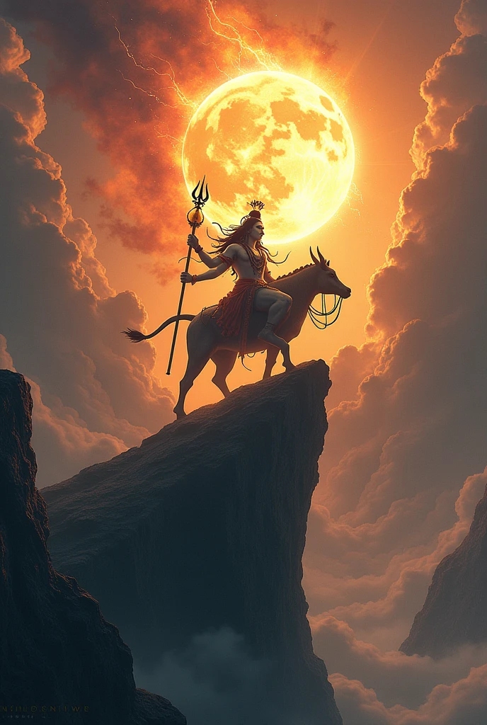 Ten hand Lord siva sitting on a bull,whole universe as a ring on his head most powerful Trident in his right hand, damru on his left hand,stand on a mountain clif looking at the five head dragon with very rage , the sun high in the sky ,but a vey big fivehead dragon going to eat the sun , thunder touching the Trident, deep black cloud, cosmic rays on his head