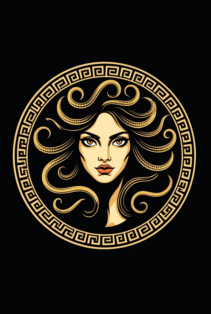 Medusa head line vector. Female face inside a Greek-style circle in black lines with gold snakes