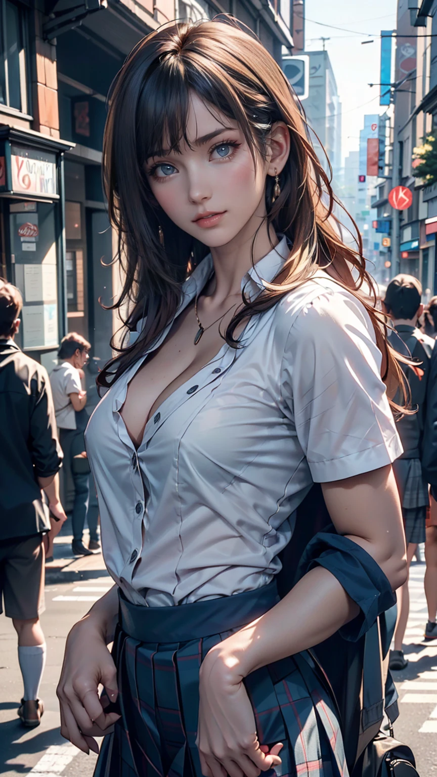 (((Realistic photograph))),, Portraiture, (Scary face:1.3),, beautiful girl, View your viewers, , (school uniform:1.2), Buttoned shirt and trousers, , (Cleavage:1),, On the streets of Japan, (Environment details:1.3),, (RAWphotograph, CG unity, photograph, ultra Realistic details, Sharp focus, Detailed skin,4K, High resolution, masterpiece, Highest quality, Realistic, Vibrant:1.2),, (8k,4K, 超High resolution, High resolution, Professional, movieのような, movie, dramatic),, (Anamorphic depth of field blur background), Detailed Background