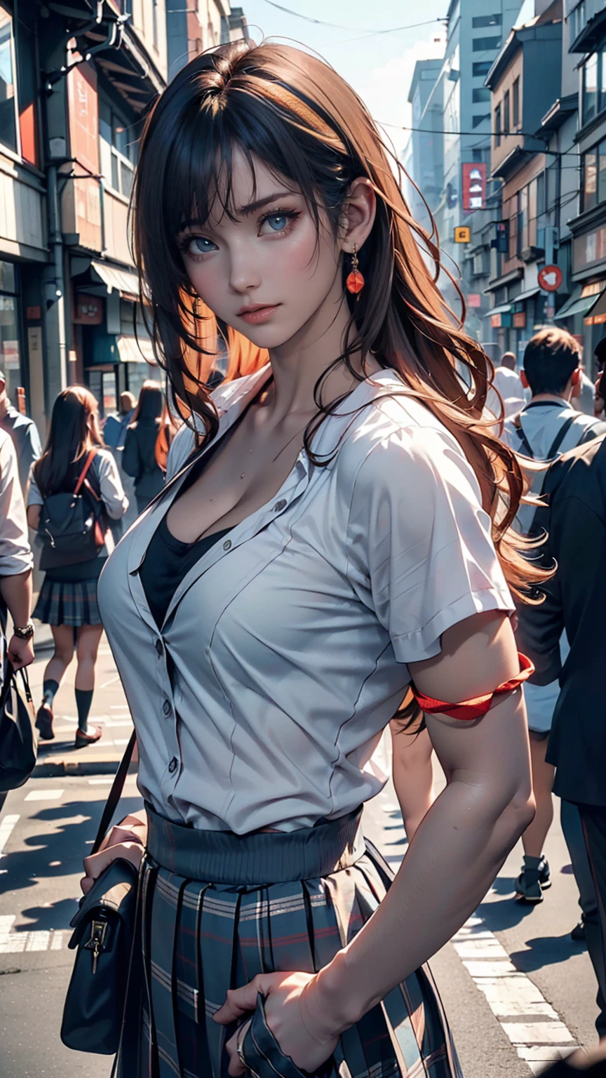 (((Realistic photograph))),, Portraiture, (Scary face:1.3),, beautiful girl, View your viewers, , (school uniform:1.2), Buttoned shirt and trousers, , (Cleavage:1),, On the streets of Japan, (Environment details:1.3),, (RAWphotograph, CG unity, photograph, ultra Realistic details, Sharp focus, Detailed skin,4K, High resolution, masterpiece, Highest quality, Realistic, Vibrant:1.2),, (8k,4K, 超High resolution, High resolution, Professional, movieのような, movie, dramatic),, (Anamorphic depth of field blur background), Detailed Background