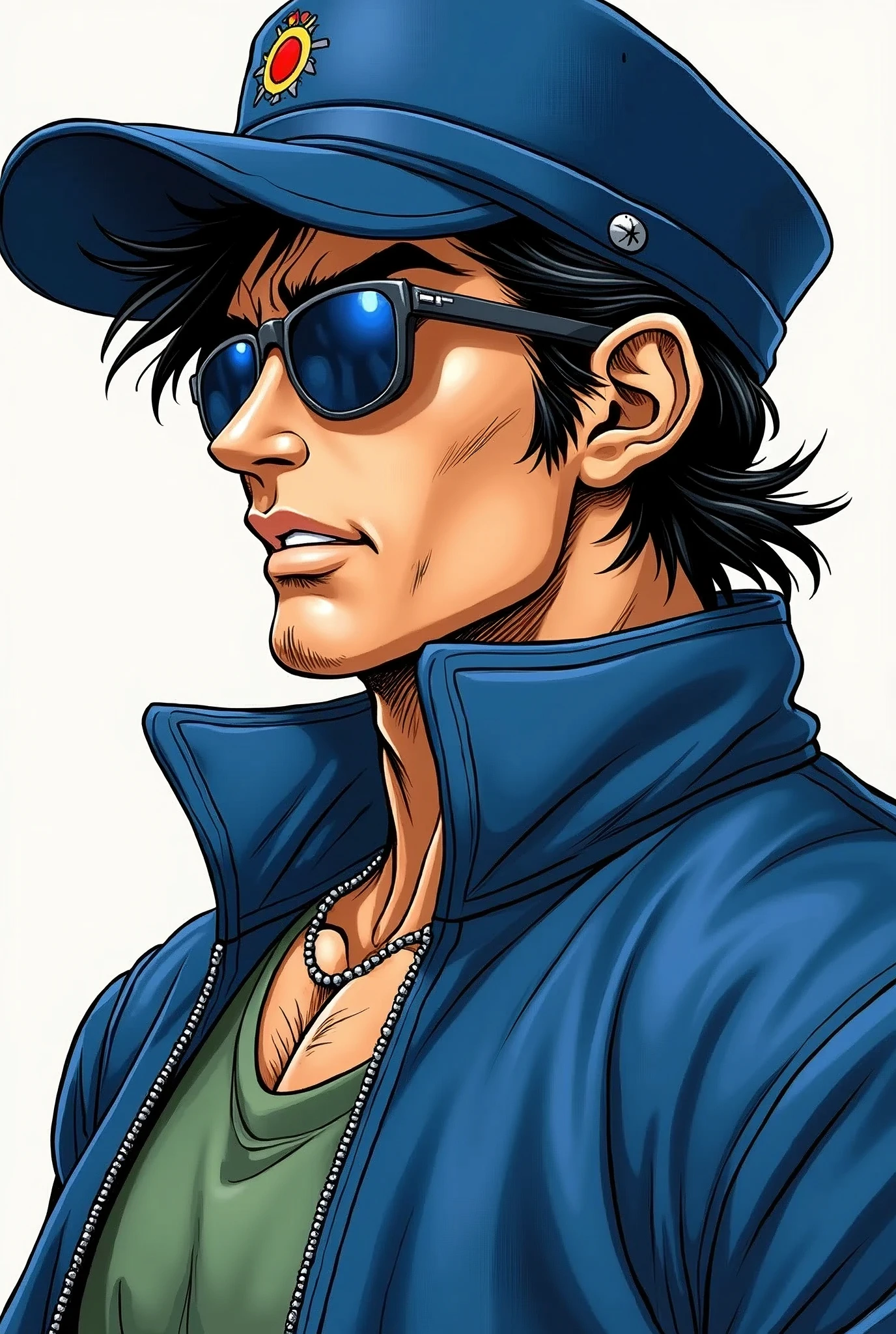 An anime character wearing a blue hat and a blue jacket, Joseph Joestar, jotaro kujo, Jojo anime style, jotaro, Becoming a JoJo character, In Jojo\The Bizarre Adventure of, Ninja scroll anime style, an angry muscular army general, Kentaro Miura's Manga Art Style, JJBA, Joe Biden as a JoJo character, striking manga artstyle,Dwayne Johnson style,((Defective Japan))
Japanese student cap