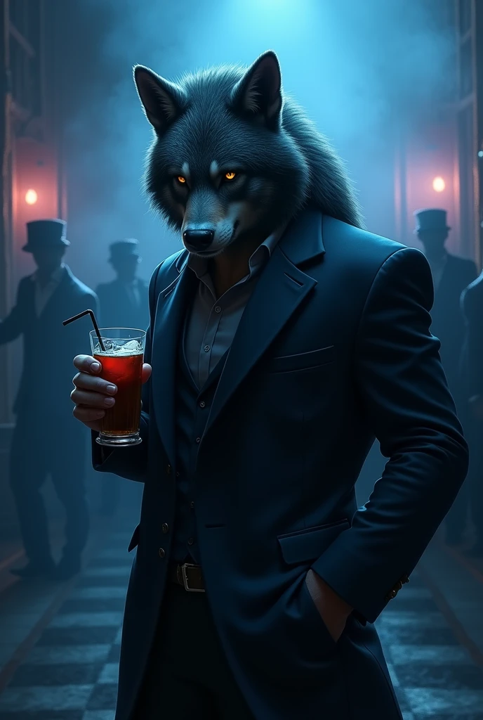 a university wolf, he is wearing a dark party outfit for halloween, he has a drink in his hand, in the background there is a dance floor, The air is gloomy,  the reference color blue, the idea is to create suspense