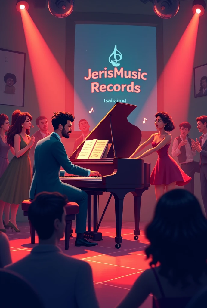 A jazz pianist performing at stage in a dark room..and there is writing ''JerisMusicRecords"..image is in cartoon like lalaland movie style...dancers are dancing..a musical is happening