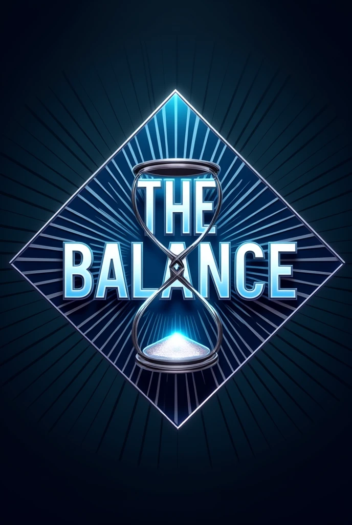 Name ( THE BALANCE ) IN DIAMOND LETTERS WITH BLUE AND BLACK RAYS IN THE BACKGROUND WITH AN HOURGLASS