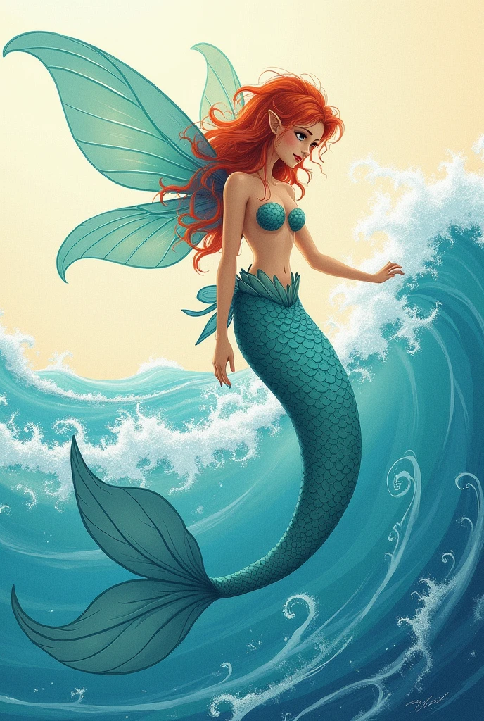 Create a drawing of a fairy on the waves of the sea (I don't want a mermaid)