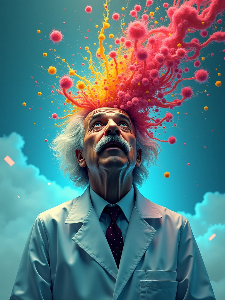 matwaretech , Science fiction, cyber punk, pixelated, malware failure, nasty , albert einstein, scientist coat,uhd,Bustness,halfbody, close up on faces, futuristic horizon in the background, lots of ideas coming out of my head, swirly vibrant colors, cerulean, vermolho, yellow