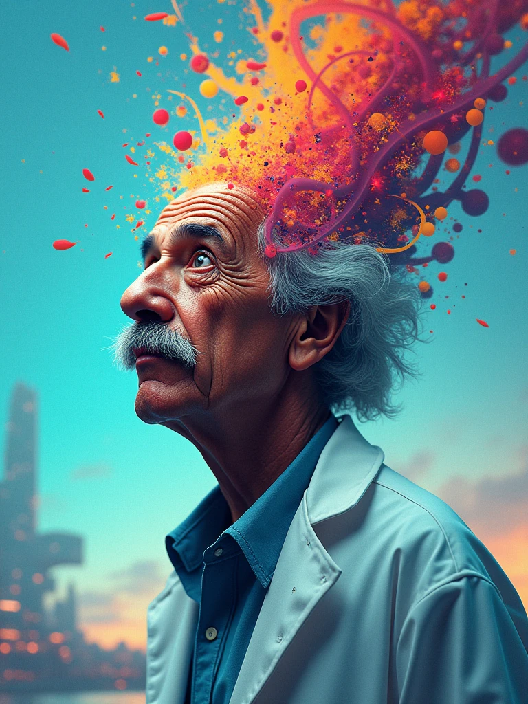 matwaretech  , Science fiction, cyber punk, pixelated,  malware failure,  nasty ,  albert einstein, scientist coat,uhd,Bustness,halfbody, close up on faces,  futuristic horizon in the background, lots of ideas coming out of my head, swirly vibrant colors, cerulean, vermolho, yellow