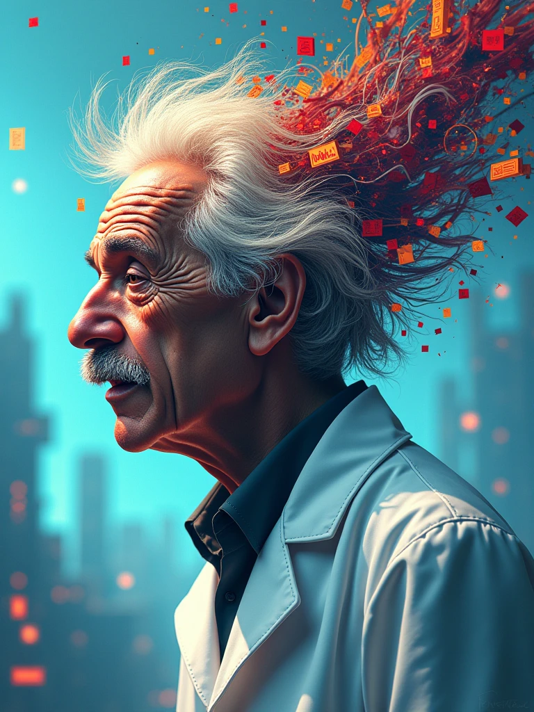 matwaretech  , Science fiction, cyber punk, pixelated,  malware failure,  nasty ,  albert einstein, scientist coat,uhd,Bustness,halfbody, close up on faces,  futuristic horizon in the background, lots of ideas coming out of my head, swirly vibrant colors, cerulean, vermolho, yellow