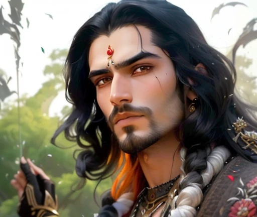 Close-up of a man with long hair and beard, inspired by Kailash Chandra Meher, From the Ramayana, with his long black hair, Ashoka Thano, handsome prince of persia, frame from a science fiction film, Shiva, Vishnu, still from the series, male vampire of clan banu haqim, Shakti, that&#39;s all