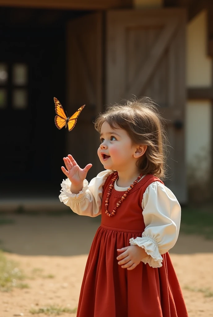  fille en tenue renaissance 16eme siecle. Qui chasse un papillon devant une ecurie de la meme epoque. La fillette a environ 18 mois. Elle est brune avec des yeux vert. Elle a un colier de corail autour du coup. L image doit ressembler a une photographie