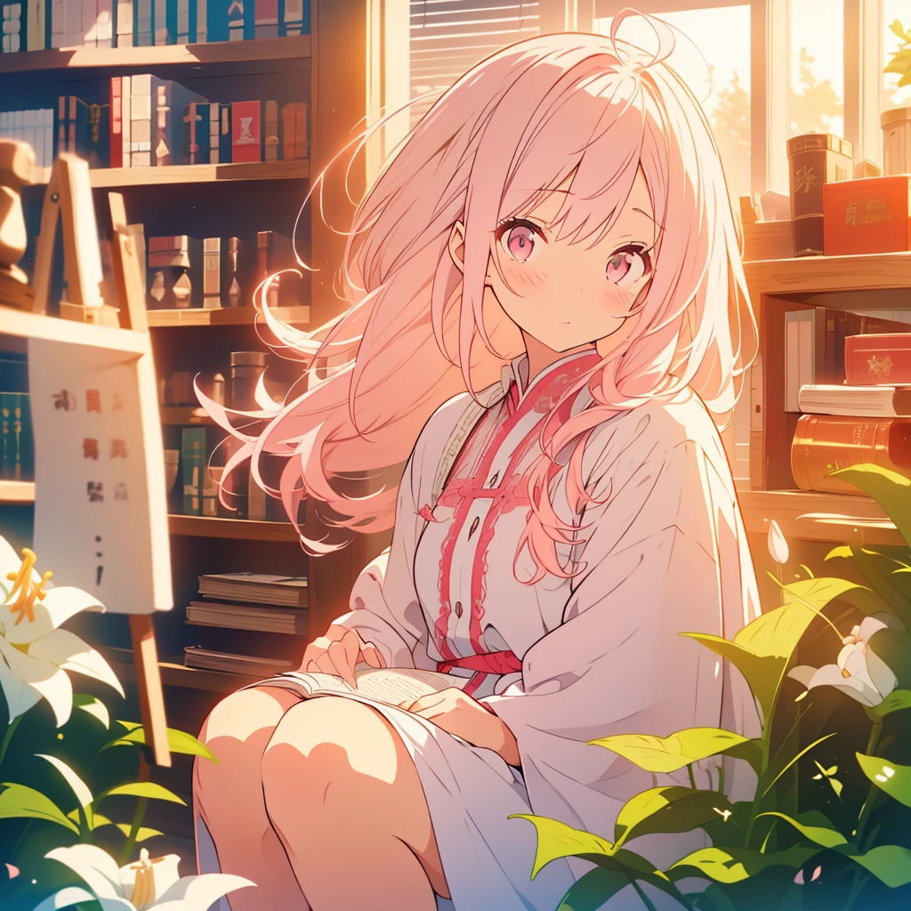White lily、A girl with short light pink hair、Scarlet Eyes、Highlight on eyes、Crouching down to read a book、Embarrassed expression、Library、Detailed facial expressions、cute、8k、high resolution、Daytime、Bright sunlight、Blushing、Only one person