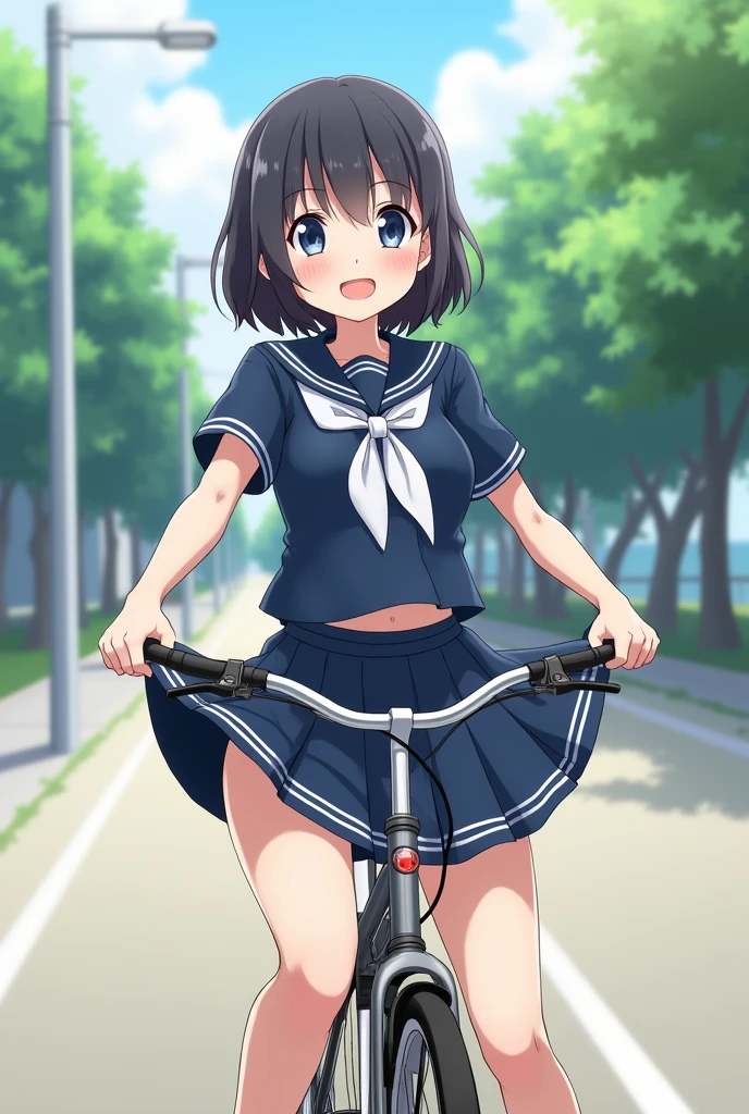 Japanese girl 18-year-old short hair Smile boyish uniform Student Council President Navy blue sailor suit Lifting your skirt by yourself Riding a bicycle White underwear