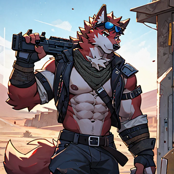 4K, Practical, High Detail, Very detailed, Wasteland Wind，Abs loom，Wolf，Red fur，Strong body，With a gun in hand，Wear stylish sunglasses，Transparent Clothes