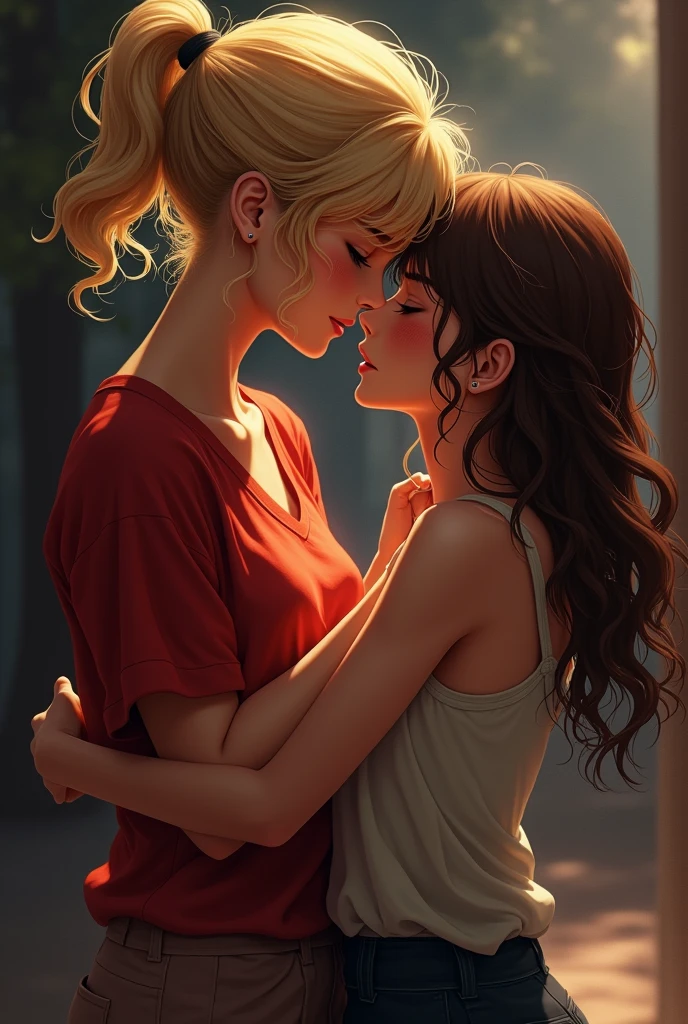 A blonde woman with short curly hair with a ponytail and red shirt, dancing with a long haired curly brown hair woman, they both dance. The blonde is taller the brown hair is shorter, they dance sadly but comftily. Draw it in different type of anime and comic styles, with realistic proportions, in a dramatic tone, draw it in angle
