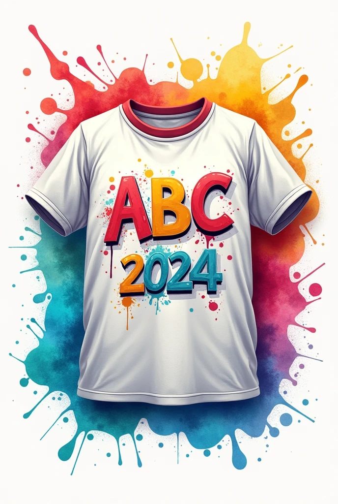 A vibrant and creative design for a children's school shirt. The shirt features the text “ABC” in large font , the font has to be style ,at the bottom in small font it says “CESEP 2024” in colored letters that also have a mix of white, and in bold, with splashes of paint in watercolor tones around as if it were very realistic gouache painting. Splashes of paint create an artistic atmosphere, fun and playful, kids, perfect for inspiring minds on their educational journey.