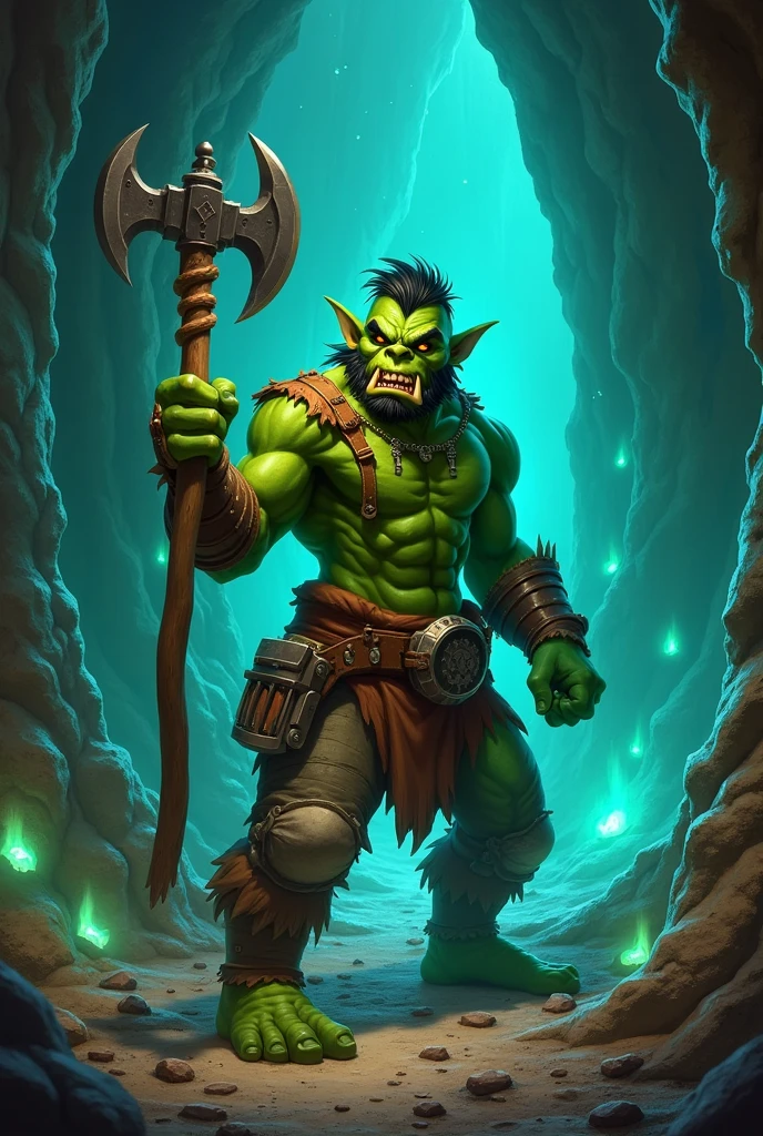 Young green-skinned orc inside a cave with a sharp pickaxe in his hand and ores glowing in the background