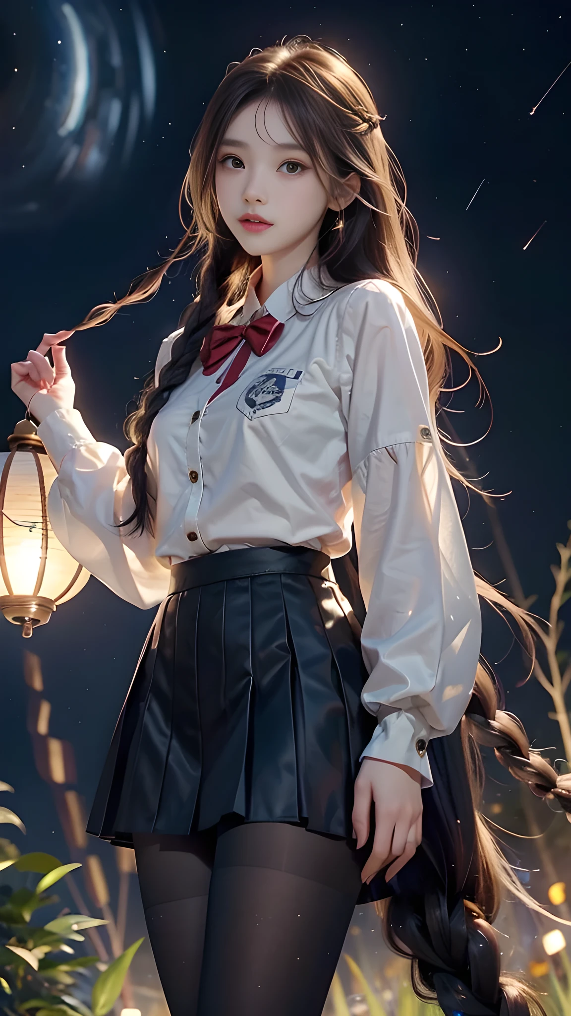 ulzzang-6500-v1.1, (RAW photo: 1.2), (Real photo), (Real photo: 1.4), 1 girl、Perfect anatomy、19 years old、Looking at the camera、Medium length hair、side braids, uniform short skirt, in a surreal royal garden, with many hanging lanterns, under the starry night sky, ((starry night: 1.1))、(Surreal tights: 1.2), (Business service)、Asian eyes Ella,
