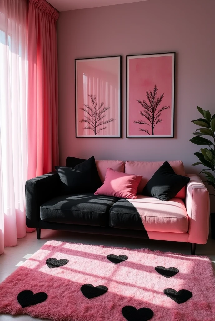 Pink and black style living room with a half-black pink sofa, pink, black and white paintings, a pink moutmout rug with black hearts, very soft black cushions, a giant pink and black heart-shaped stuffed animal, a sublime curtain