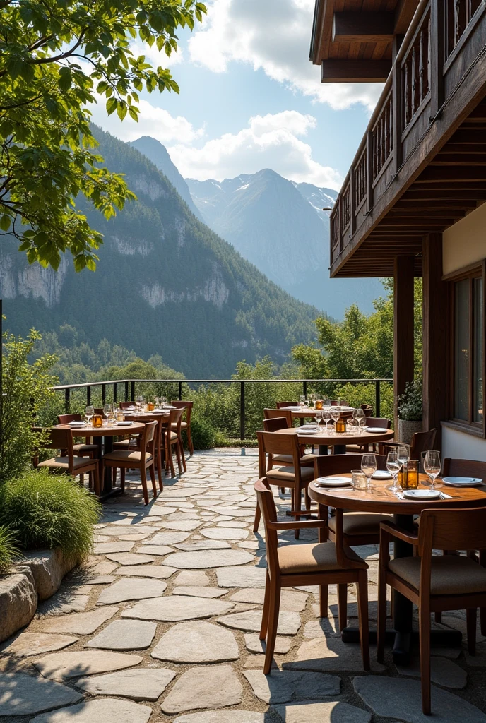 I have a hotel in the mountains with a nature theme, I want you to make a small restaurant on the right side but in the background put a bar or mini bar that you had put two images ago