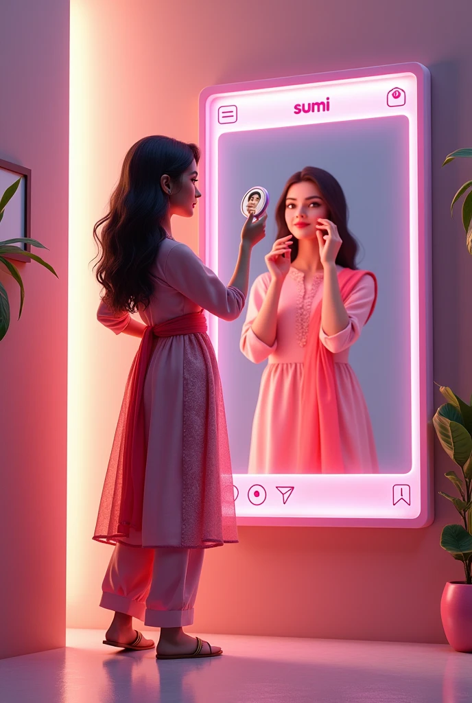 Create a 3D illustration of an animated woman character standing with mirror and doing makeup. The character must wear casual modern clothing such as kameez shilwar, dupta on shoulder, with heels shoes. The background of the image is a social media profile page with a user name sumi" and a profile picture that match
