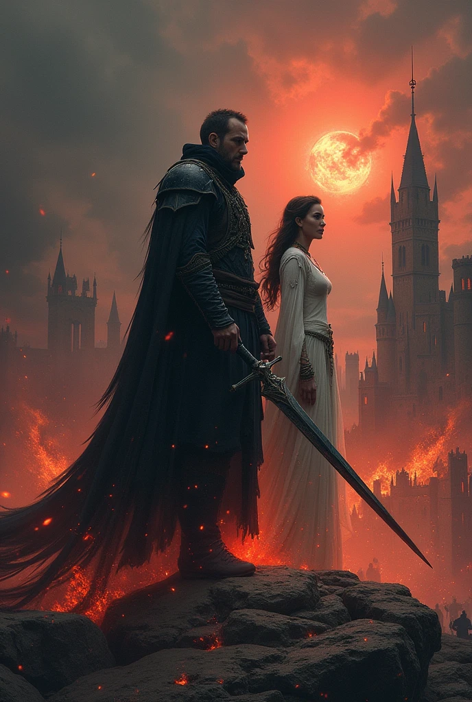 Background: A dark, medieval landscape with ruins of castles and cities on fire, creating a fiery, apocalyptic atmosphere.Foreground: Carl Silford standing tall, cloaked in a black tattered robe with a determined expression, holding a sword engulfed in dark flames. His presence should give off a powerful, ominous vibe, symbolizing his past as a villain.Maia Hercher: She could be depicted beside Carl, slightly behind him, with an ethereal glow. She is dressed in white armor, showing her as a beacon of hope. Her expression is resolute, knowing her fate to save the world.Monsters: Various shadowy figures and monstrous creatures lurking in the background or circling around the main characters, representing the ever-present threat.The Sky: The sky above could be split into two halves—one side dark and stormy with swirling clouds and lightning, representing the Void faction, and the other side a dull, reddish sky indicating the ongoing destruction.