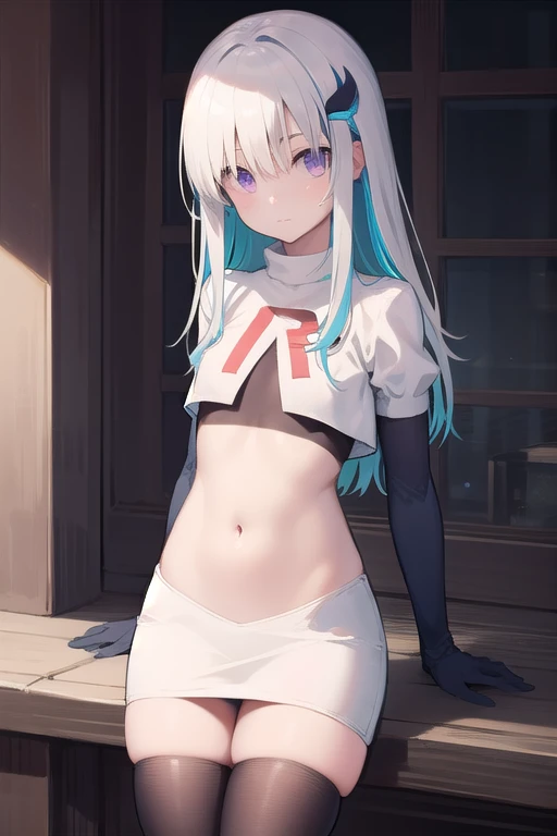 lizehelesta, lize helesta, blue hair, blunt bangs, colored inner hair, hair flaps, hair ornament, long hair, multicolored hair, (purple eyes:1.1), sidelocks, two-tone hair, white hair, (small breast:1.2),
BREAK virtual youtuber, team rocket,team rocket uniform,white skirt,red letter R,crop top,black thigh-highs,black elbow gloves,
BREAK looking at viewer,
BREAK outdoors,
BREAK (masterpiece:1.2), best quality, high resolution, unity 8k wallpaper, (illustration:0.8), (beautiful detailed eyes:1.6), extremely detailed face, perfect lighting, extremely detailed CG, (perfect hands, perfect anatomy),