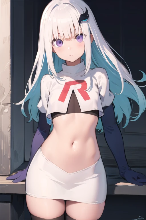 lizehelesta, lize helesta, blue hair, blunt bangs, colored inner hair, hair flaps, hair ornament, long hair, multicolored hair, (purple eyes:1.1), sidelocks, two-tone hair, white hair, (small breast:1.2),
BREAK virtual youtuber, team rocket,team rocket uniform,white skirt,red letter R,crop top,black thigh-highs,black elbow gloves,
BREAK looking at viewer,
BREAK outdoors,
BREAK (masterpiece:1.2), best quality, high resolution, unity 8k wallpaper, (illustration:0.8), (beautiful detailed eyes:1.6), extremely detailed face, perfect lighting, extremely detailed CG, (perfect hands, perfect anatomy),