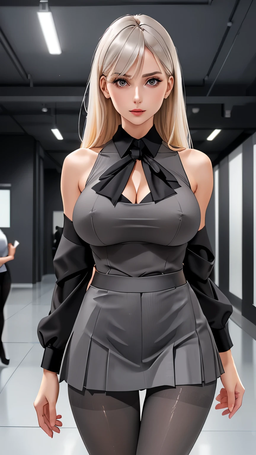 1 girl, (secretary), 18 yo, long straight platinum-blonde, (dark grey hose:1.4), (ideal female body:1.2), perfect body, office attire, captivating and enticing, (huge breas, (low wedge heel booties:1.1), silky short dark grey pleated skirt, cleavage shoough white open sleeveless blouse, (walking towards the viewer:1.2), (thigh gap:1.1), very sexy outfit, ready teceive orders, sexy girl, backdrop of odern office, gorgeous figure, 4k glamour photography, (small hips:1.2), small butt, (thin:1.1), skinny g short, (155 centimeters tall:1.2), athletic, detailed face, detailed skin, masterpiece, realistic lighting, 8k, HDR, amazing details, hyper-realistic, photorealistic,