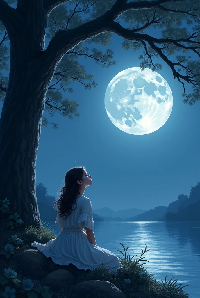 Beautiful girl sitting under a tree mid night moon