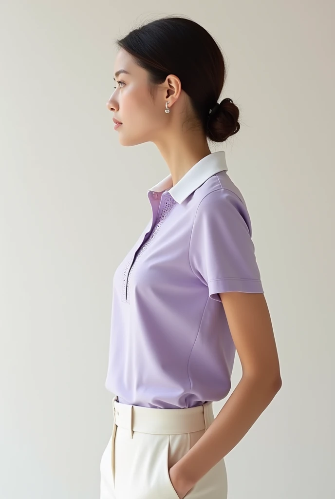 Mockup white ladies polo shirt with eyelet and lilac placket, slim white collar
