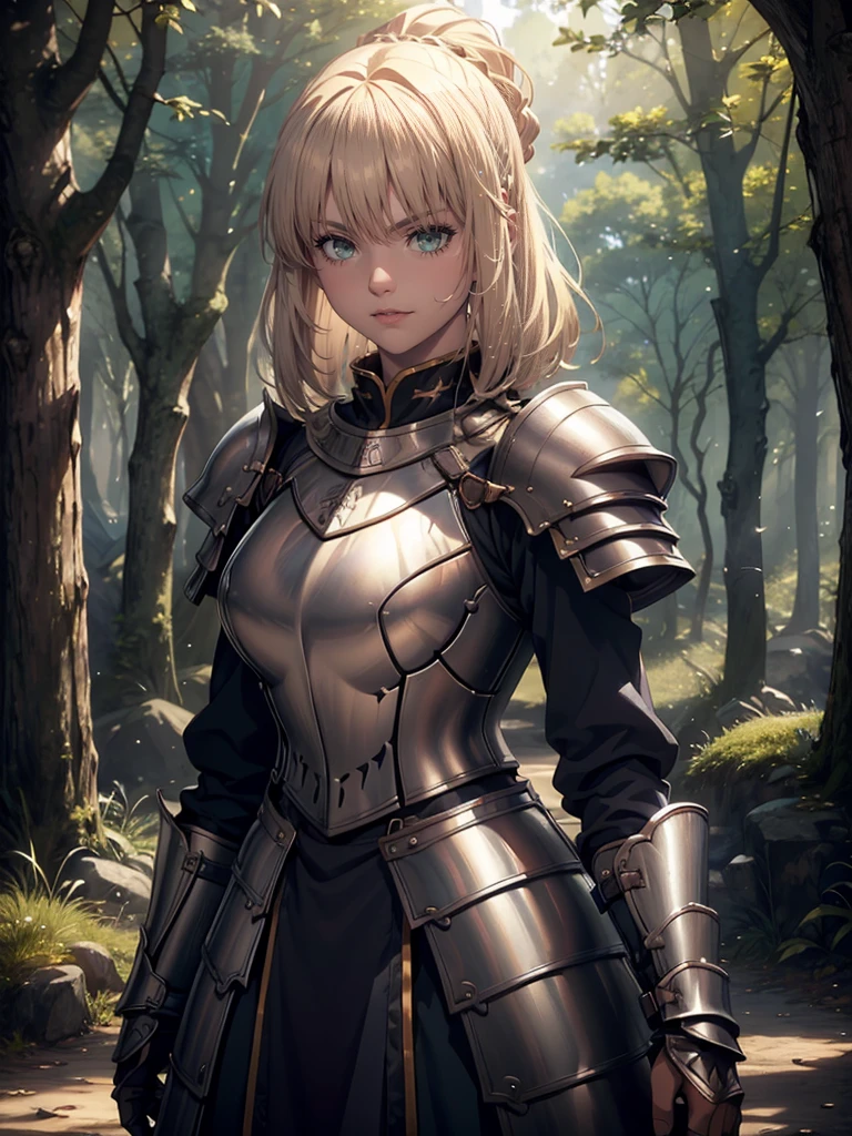 Female in her 20s、Fantasy World、Official Art, unity 8k wall paper, Ultra Detailed, beautiful、Aesthetic, masterpiece, Top quality, Photorealistic、Detailed clothing、Depth of Field, Wonderful atmosphere, Calming color palette, Peaceful Mood, Soft shadows、Round Face、Full figure、Very large breasts、a happy expression、Female Knight、Dark silver armor、Armor that covers the whole body、blue eyes、A blonde、Possess a very large sword and shield、Great Sword、In the woods、shortcut、hairstyle,Take the Sword,fighting