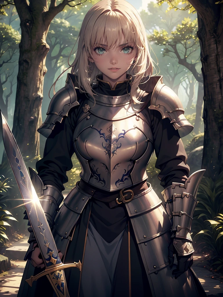 Female in her 20s、Fantasy World、Official Art, unity 8k wall paper, Ultra Detailed, beautiful、Aesthetic, masterpiece, Top quality, Photorealistic、Detailed clothing、Depth of Field, Wonderful atmosphere, Calming color palette, Peaceful Mood, Soft shadows、Round Face、Full figure、Very large breasts、a happy expression、Female Knight、Dark silver armor、Armor that covers the whole body、blue eyes、A blonde、Possess a very large sword and shield、Great Sword、In the woods、shortcut、hairstyle,Take the Sword,fighting