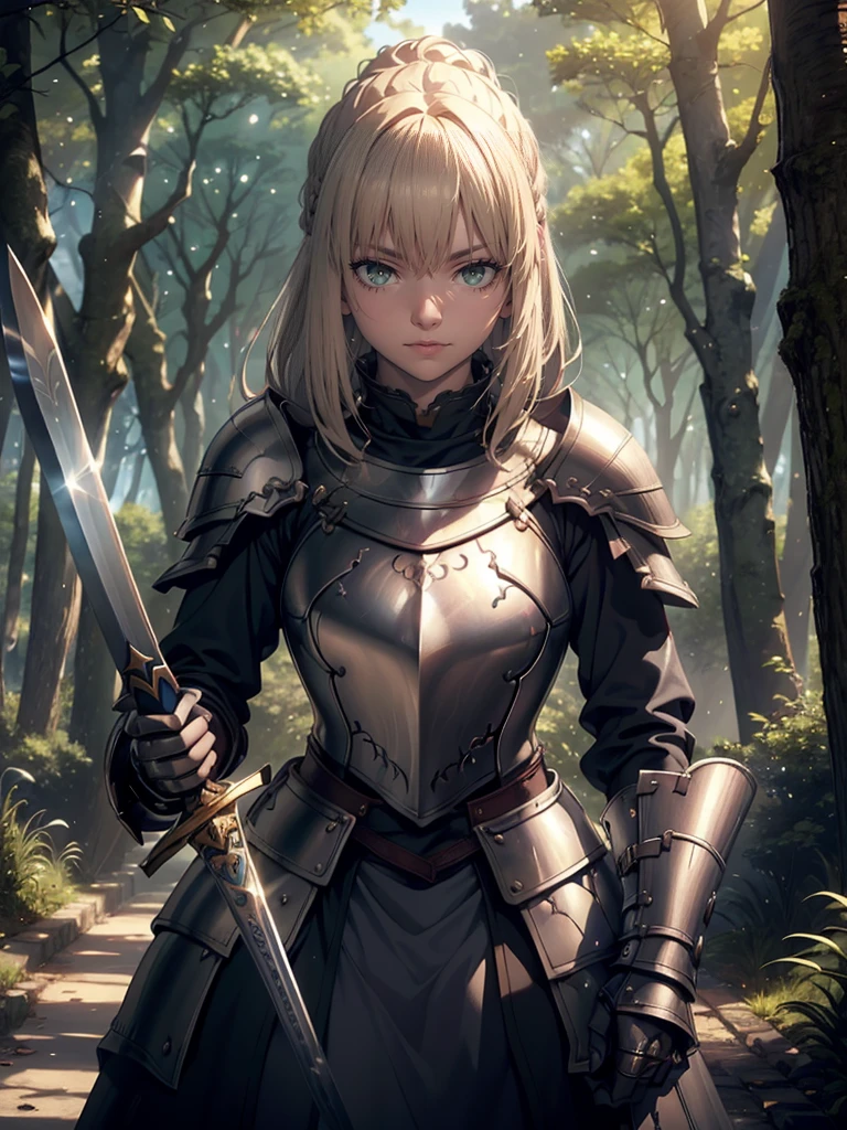 Female in her 20s、Fantasy World、Official Art, unity 8k wall paper, Ultra Detailed, beautiful、Aesthetic, masterpiece, Top quality, Photorealistic、Detailed clothing、Depth of Field, Wonderful atmosphere, Calming color palette, Peaceful Mood, Soft shadows、Round Face、Full figure、Very large breasts、a happy expression、Female Knight、Dark silver armor、Armor that covers the whole body、blue eyes、A blonde、Possess a very large sword and shield、Great Sword、In the woods、shortcut、hairstyle，Take the Sword，fighting