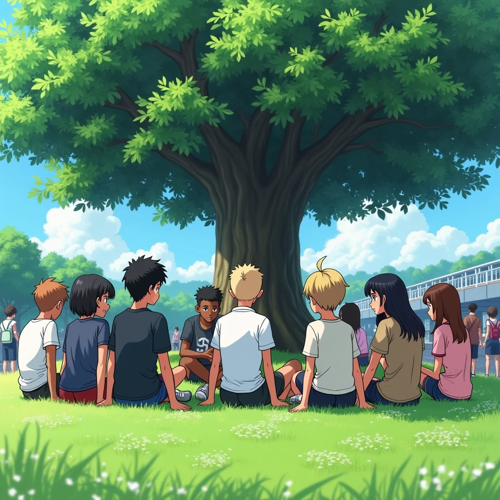 images of a group of young students with more than 11 boys and more than 9 girls, black, white and brown skinned, including a boy with short hair or a shaved head, sitting in a circle outdoors, talking under a huge tree on a sunny day with fresh green grass, in a busy environment full of people, all in anime style
