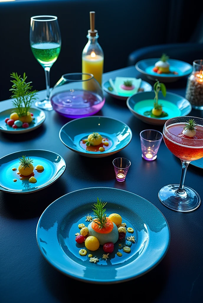 Presentation of a variety of dishes, desserts and drinks based on murmunta (cianobacteria)