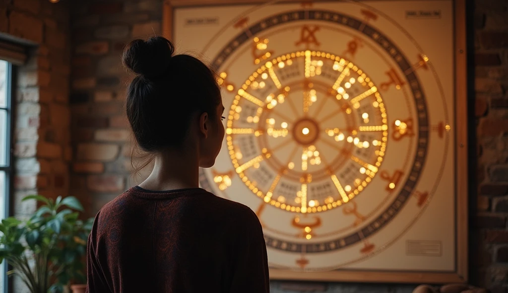 A person making thoughtful adjustments to their life, with a birth chart displayed prominently in the background. The scene is proactive and positive, illustrating the application of astrological insights. -ar 16:9