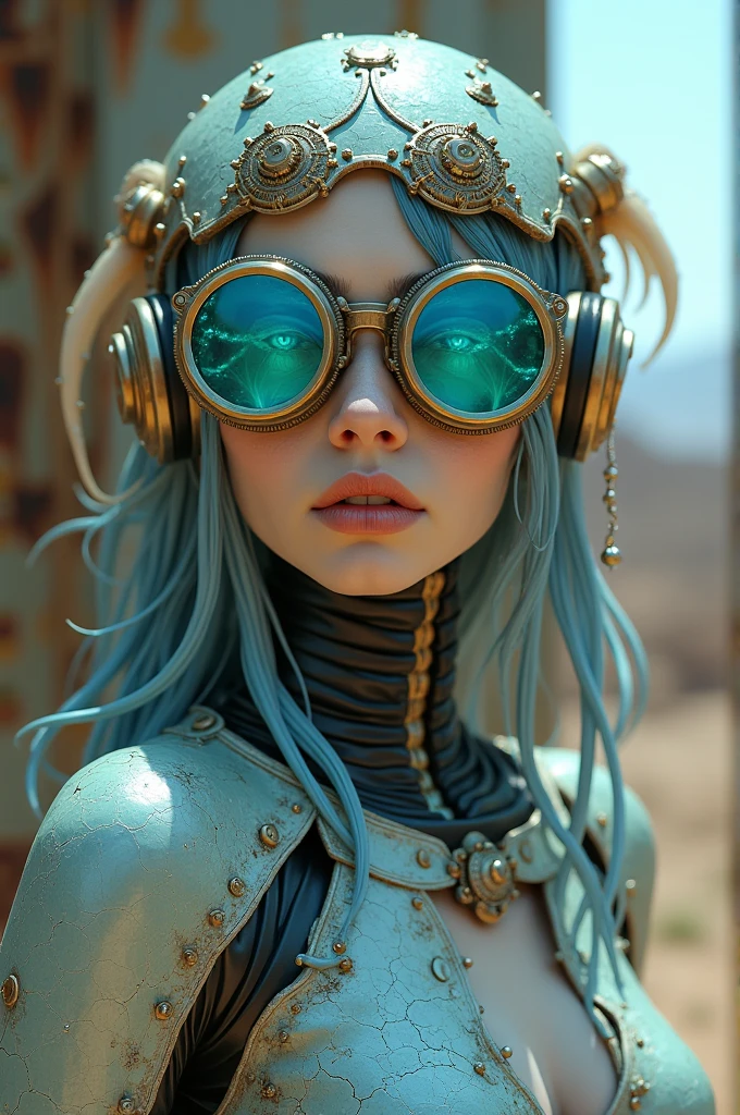 Ethereal Cyborg Woman, bioluminescent jellyfish tiara. Steampunk goggles merge with translucent tentacles. Cracked porcelain skin meets iridescent scales. Mechanical implants and delicate tendrils intertwine. Human characteristics with an otherworldly glow. Dreamy aquatic tones contrast with aged metal. Reflective eyes capture invisible worlds. Gentle bioluminescence meets a harsh desert landscape. Fusion of organic and synthetic, ancient and futuristic. Hyper-detailed textures, surreal atmosphere.