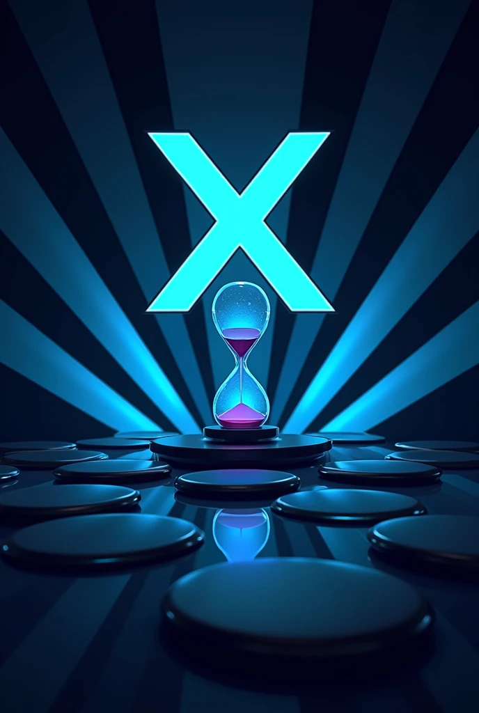 Name XBALANCE WITH BLUE AND BLACK RAYS IN THE BACKGROUND WITH AN HOURGLASS