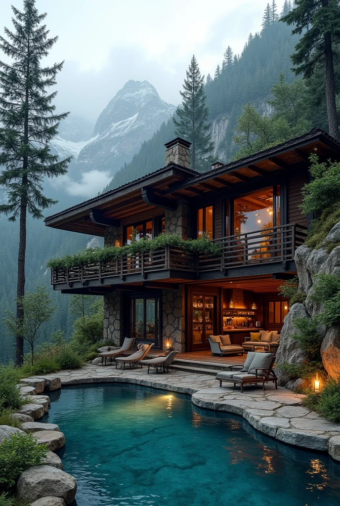 I have a rustic mountaintop hotel with dark wood, nature theme, I want to see a pool below a bar and a restaurant