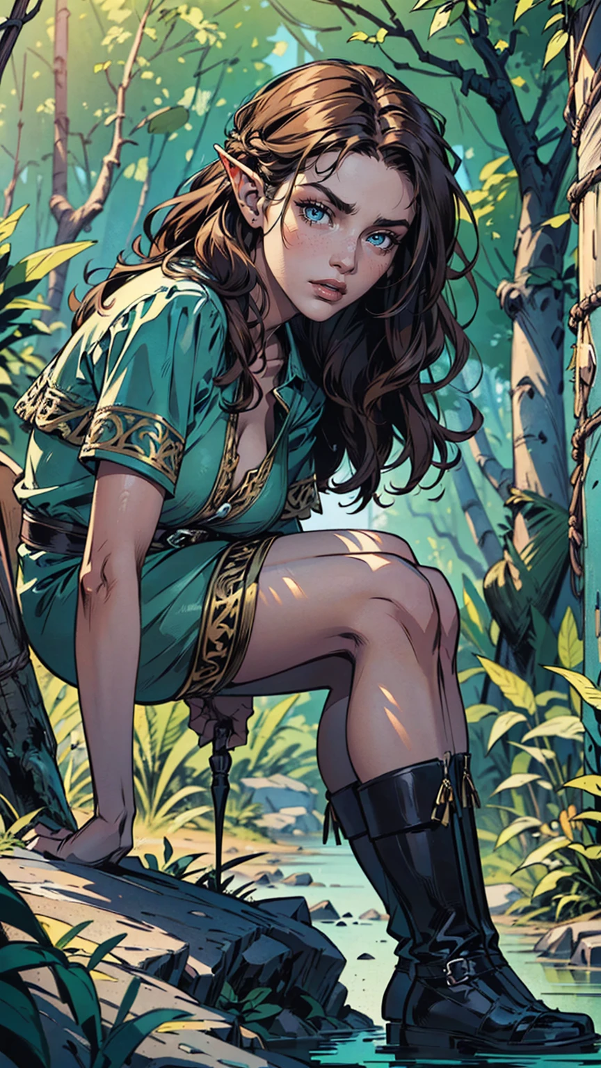 high details, best quality, 16k, [ultra detailed], masterpiece, best quality, (extremely detailed), dynamic angle, ultra wide shot, RAW, photorealistic, fantasy art, realistic art, a female elf druid (intricate details, Masterpiece, best quality: 1.5) in a jungle, a female elf wearing leather clothes intricate details, Masterpiece, best quality: 1.4), leather boots, thick hair, long hair, brown hair, intense blue eyes, vibrant jungle (intense details), plenty of plant life, vines coming from trees, many jungle trees (intricate details, Masterpiece, best quality: ), vines, a river flowing, sun light, dynamic light. dynamic angle, (intricate details, Masterpiece, best quality: 1.5) , 2.5 rendering, high details, best quality, highres, ultra wide angle