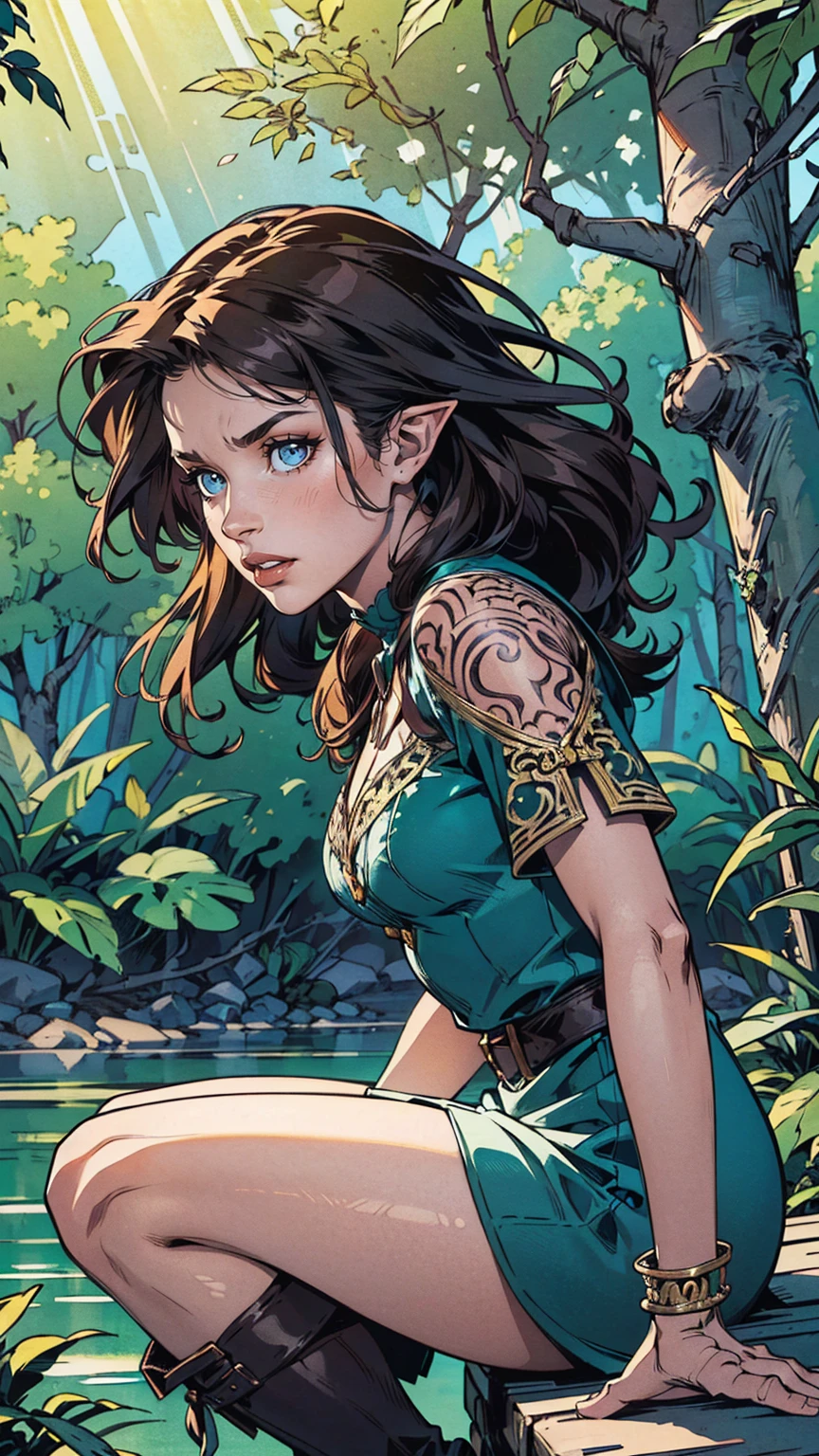 high details, best quality, 16k, [ultra detailed], masterpiece, best quality, (extremely detailed), dynamic angle, ultra wide shot, RAW, photorealistic, fantasy art, realistic art, a female elf druid (intricate details, Masterpiece, best quality: 1.5) in a jungle, a female elf wearing leather clothes intricate details, Masterpiece, best quality: 1.4), leather boots, thick hair, long hair, brown hair, intense blue eyes, vibrant jungle (intense details), plenty of plant life, vines coming from trees, many jungle trees (intricate details, Masterpiece, best quality: ), vines, a river flowing, sun light, dynamic light. dynamic angle, (intricate details, Masterpiece, best quality: 1.5) , 2.5 rendering, high details, best quality, highres, ultra wide angle