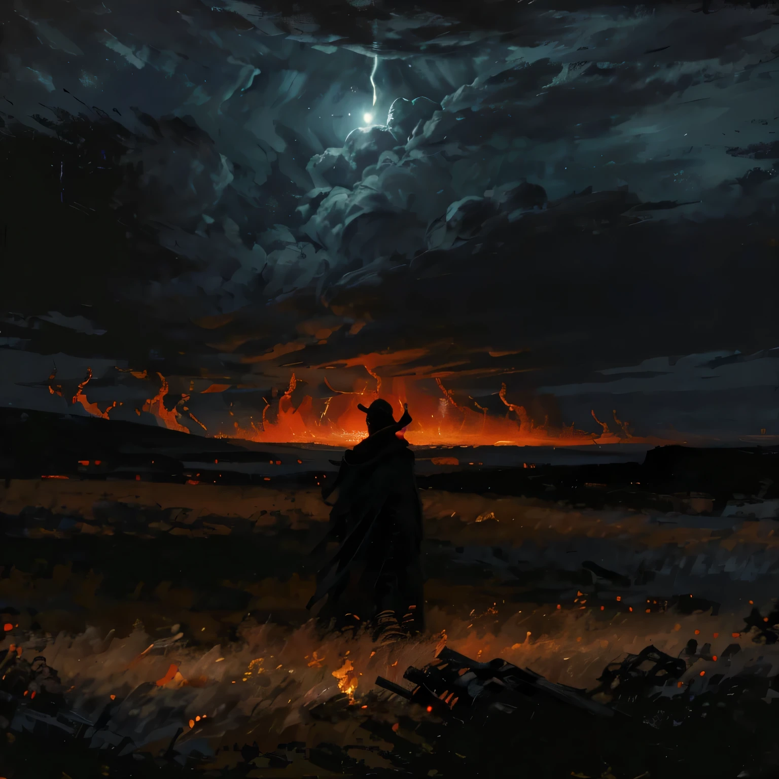 Create a dark image of a figure standing in front of a huge fire against a stormy sky. The figure should have his back to the viewer, his silhouette illuminated by the fire, creating a sense of menace and mysticism. The figure’s eyes glow slightly, adding to the ominous atmosphere. The fire burns brightly, illuminating the darkness around him, and the thick clouds in the background create a sense of an impending storm. The atmosphere should be dark and tense, with an emphasis on a sense of danger and the unknown. (masterpiece, best quality, high quality, highres), dark, sun, winter, monster, field of grass,oil painting